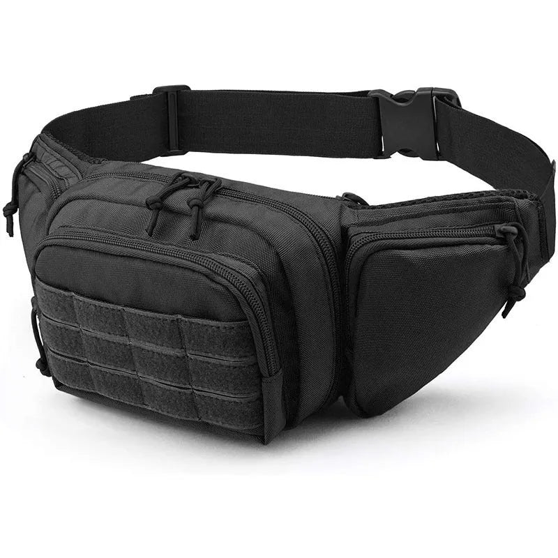 Tactical waist bag in black and khaki colours shown on waist