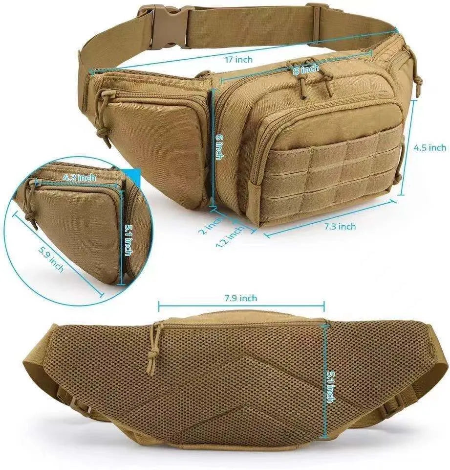 Tactical waist bag in black and khaki colours shown on waist
