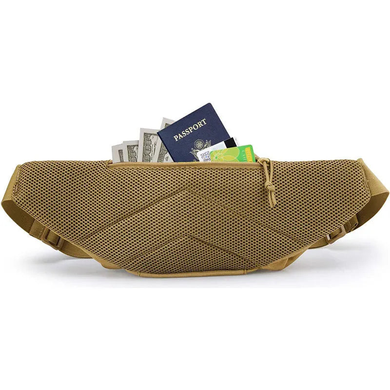 Tactical waist bag in black and khaki colours shown on waist