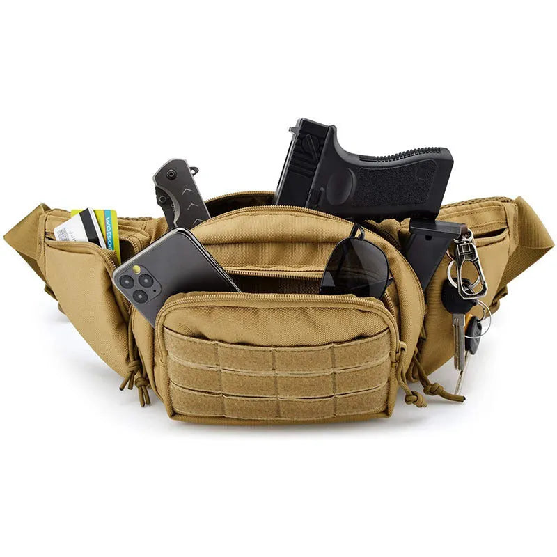 Tactical waist bag in black and khaki colours shown on waist