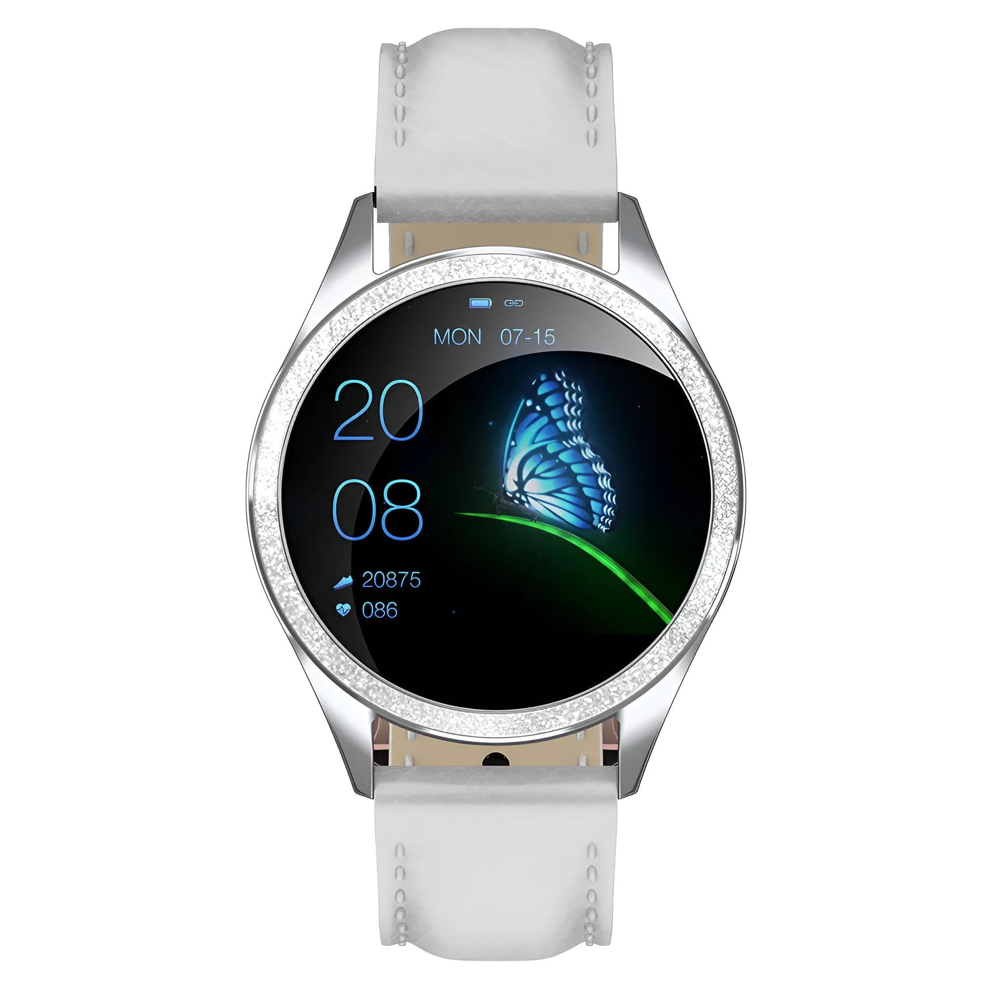 Women's smart bracelet watch with IP68 rating, stainless steel band, and bright screen showing menstrual cycle reminder