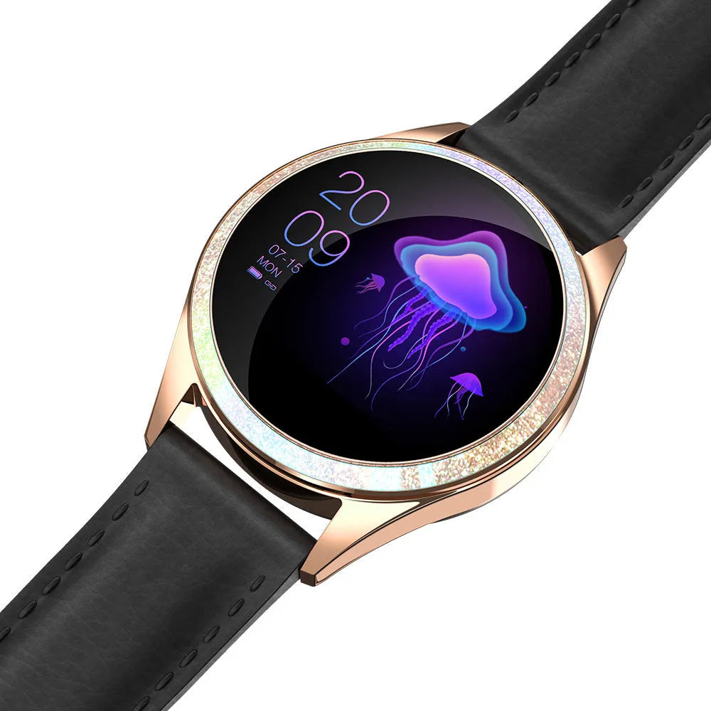 Women's smart bracelet watch with IP68 rating, stainless steel band, and bright screen showing menstrual cycle reminder