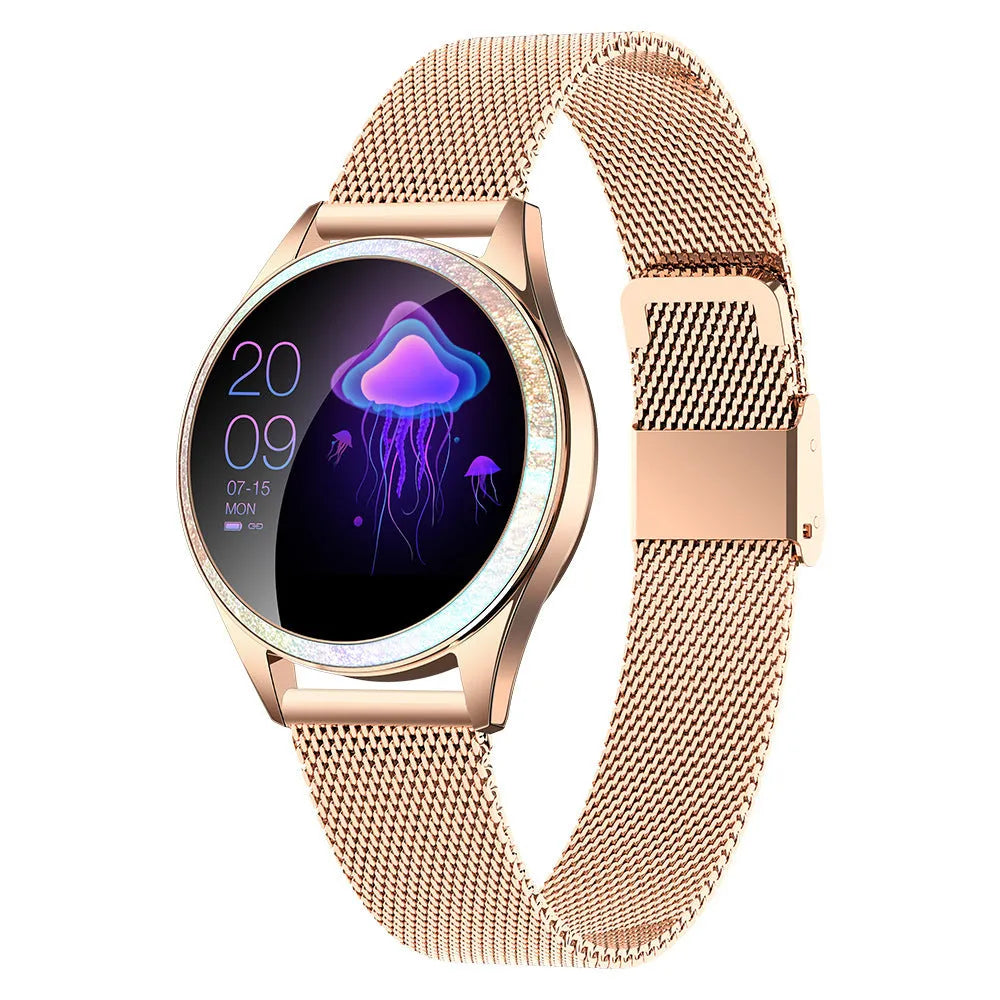 Women's smart bracelet watch with IP68 rating, stainless steel band, and bright screen showing menstrual cycle reminder