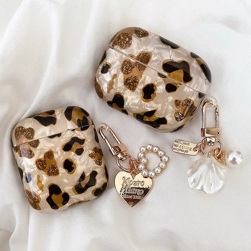 Shell yellow leopard print soft TPU case for compatible Apple AirPods with flip closure