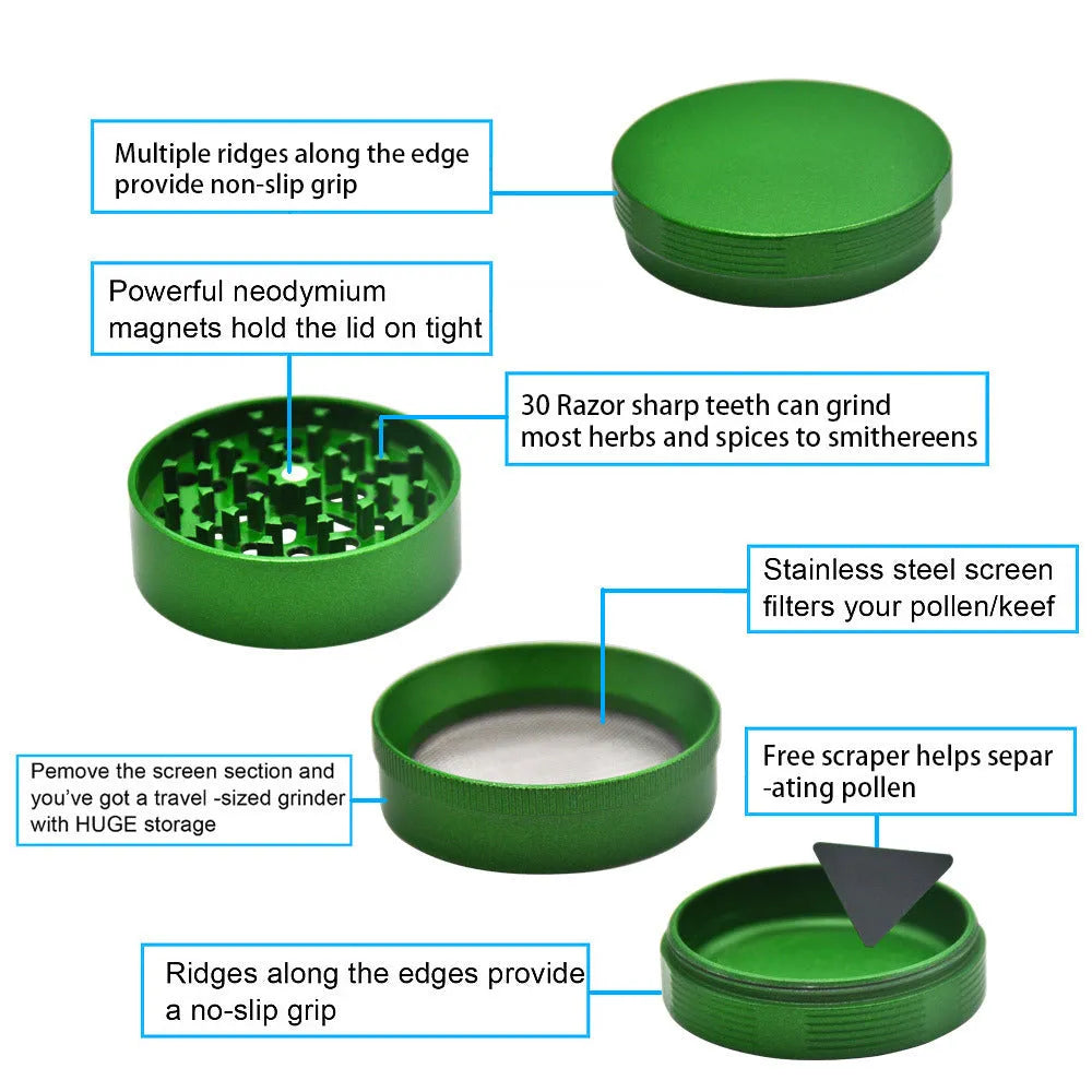 Four-layer metal smoke grinder with sharp diamond teeth in aviation aluminium alloy, non-stick design