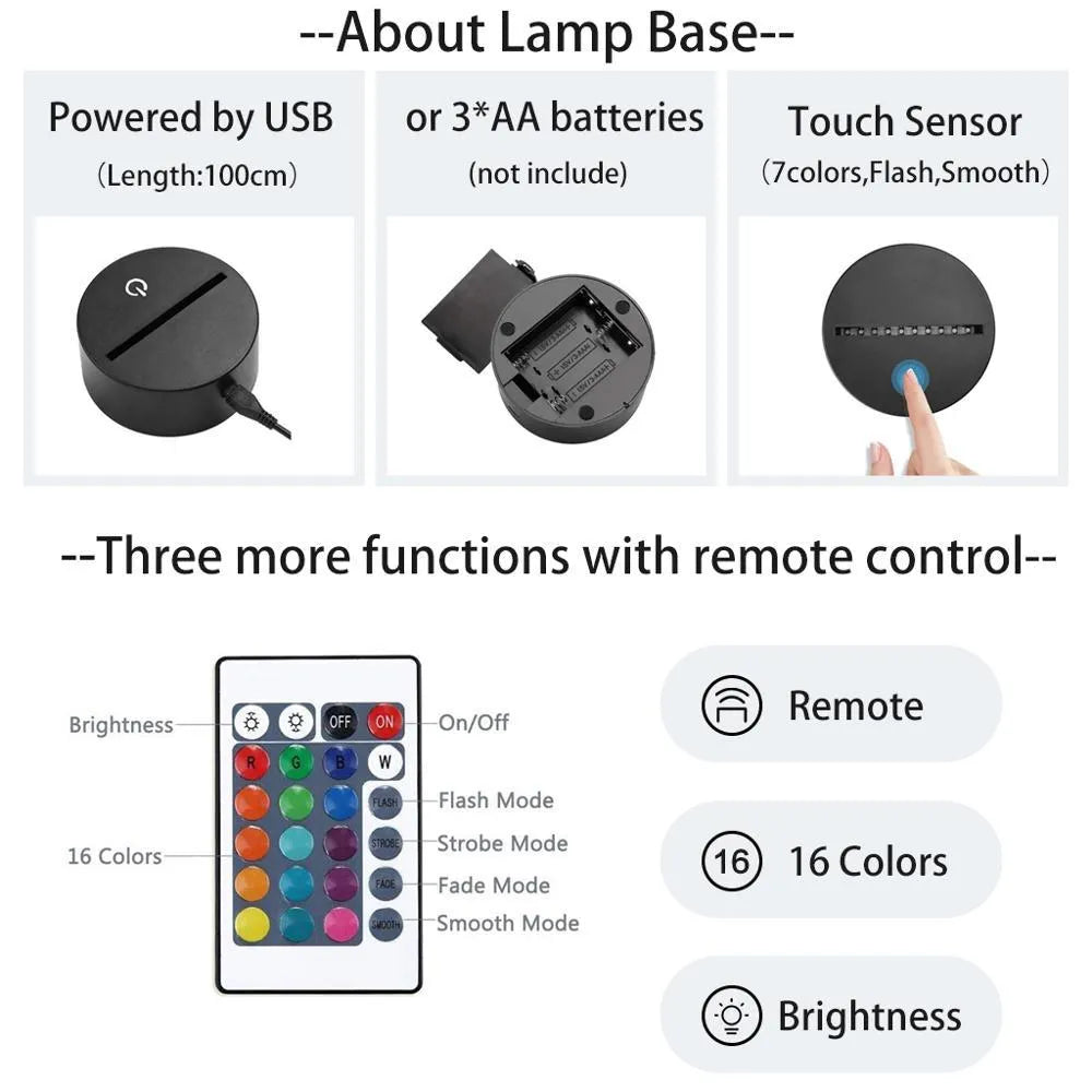 Touch remote control LED desk lamp with black seat base and acrylic shade, USB powered