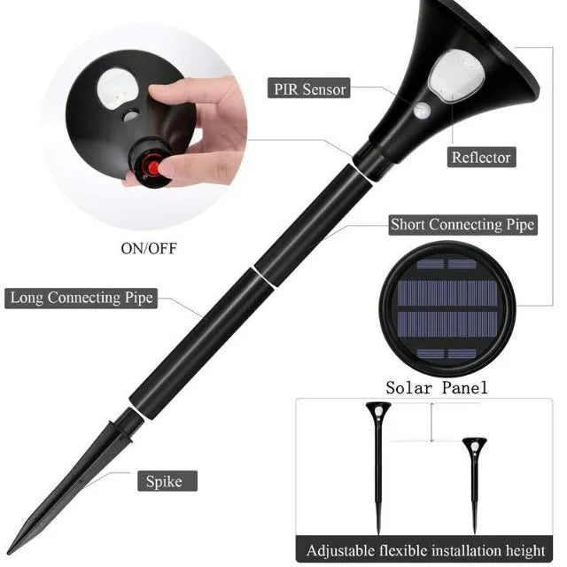 Solar-powered induction ground plug light for outdoor lawn and garden use with IP65 rating.