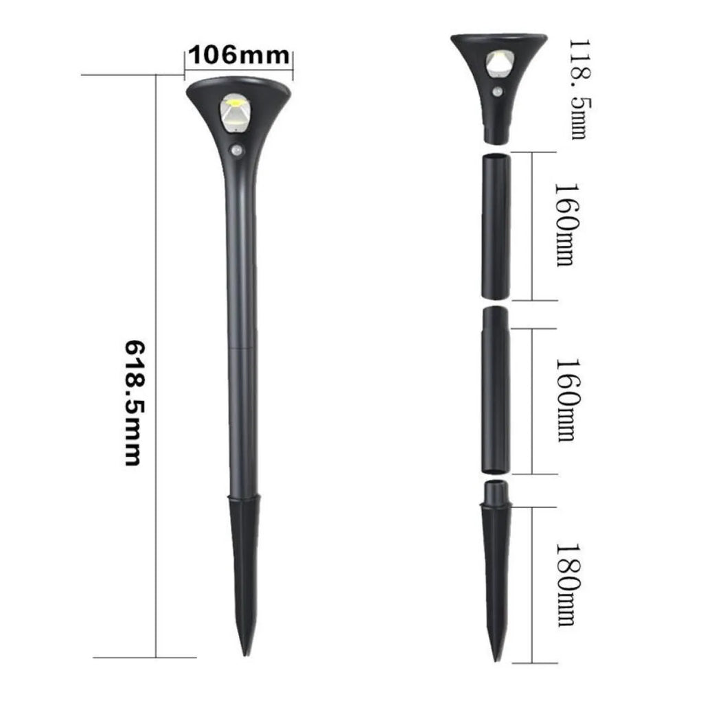 Solar-powered induction ground plug light for outdoor lawn and garden use with IP65 rating.