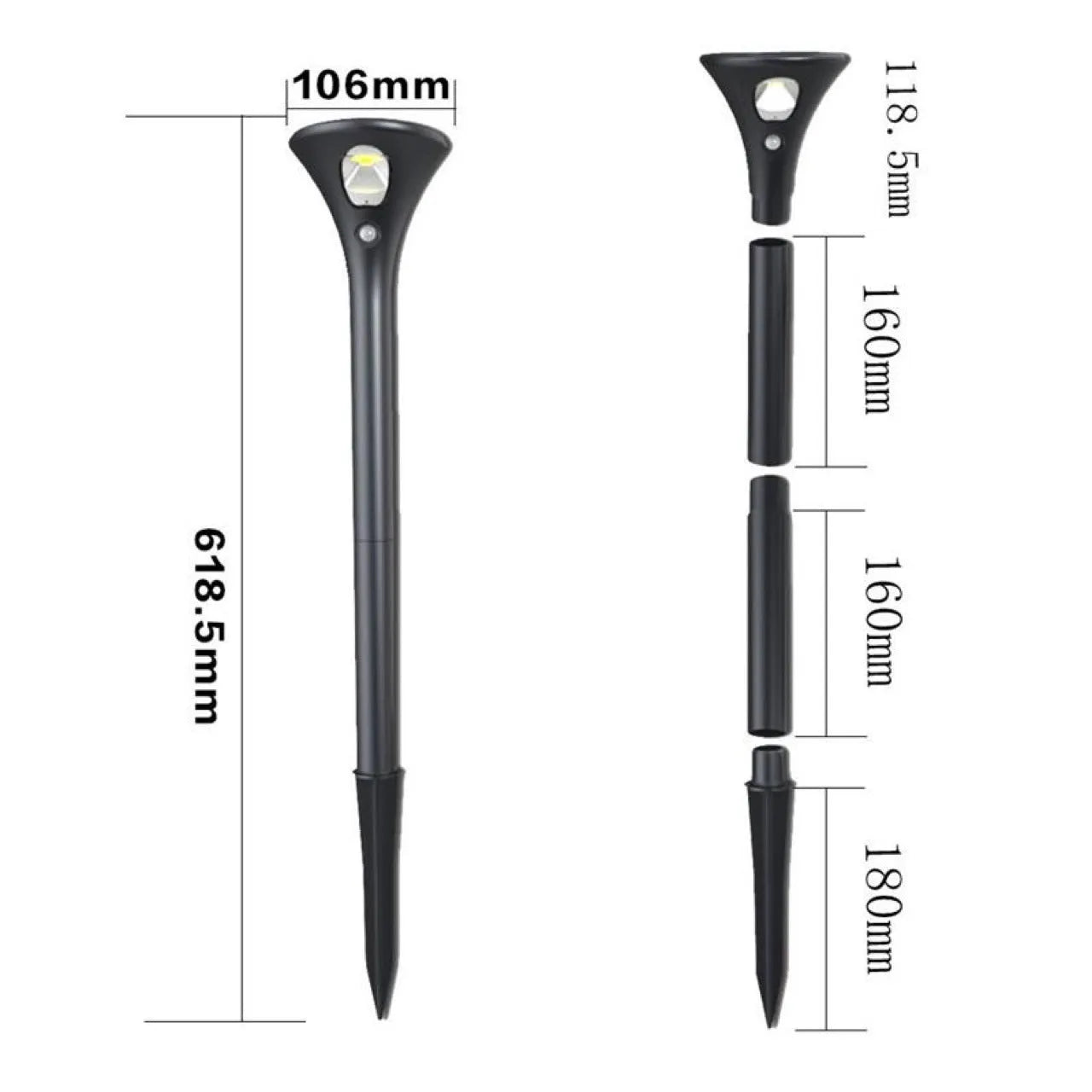 Solar-powered induction ground plug light for outdoor lawn and garden use with IP65 rating.