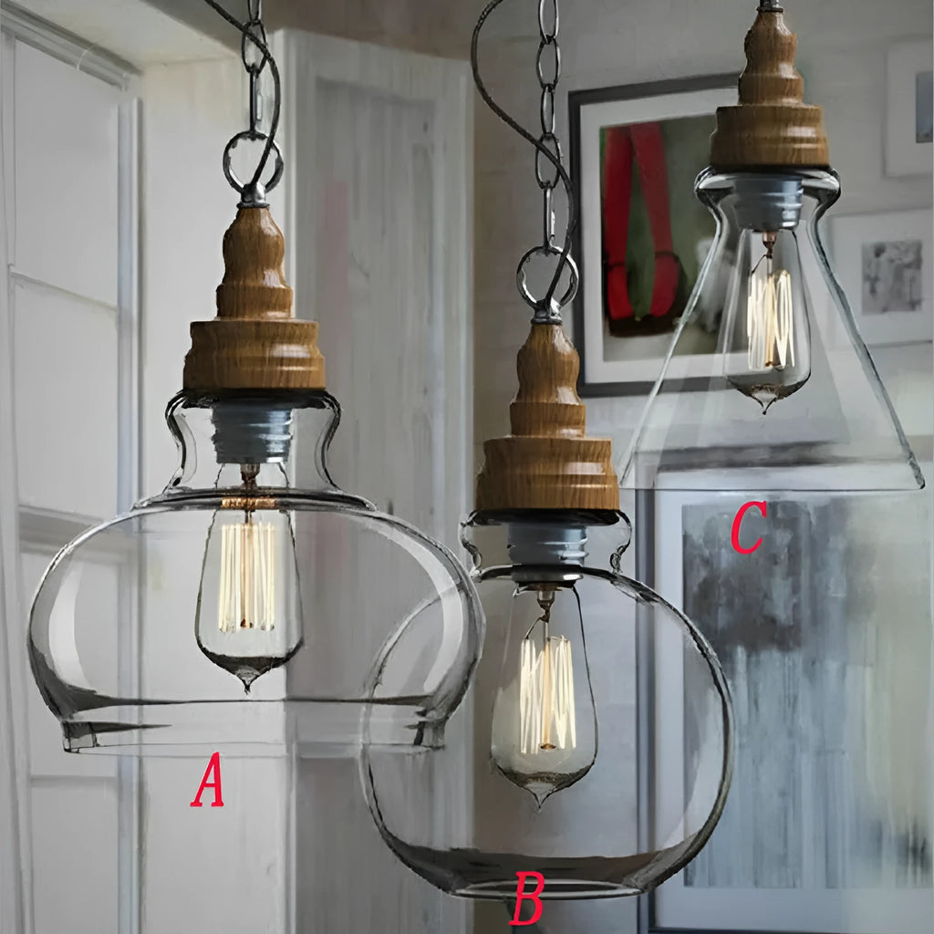 Glass wood grain single head pendant light hanging on an adjustable cord.