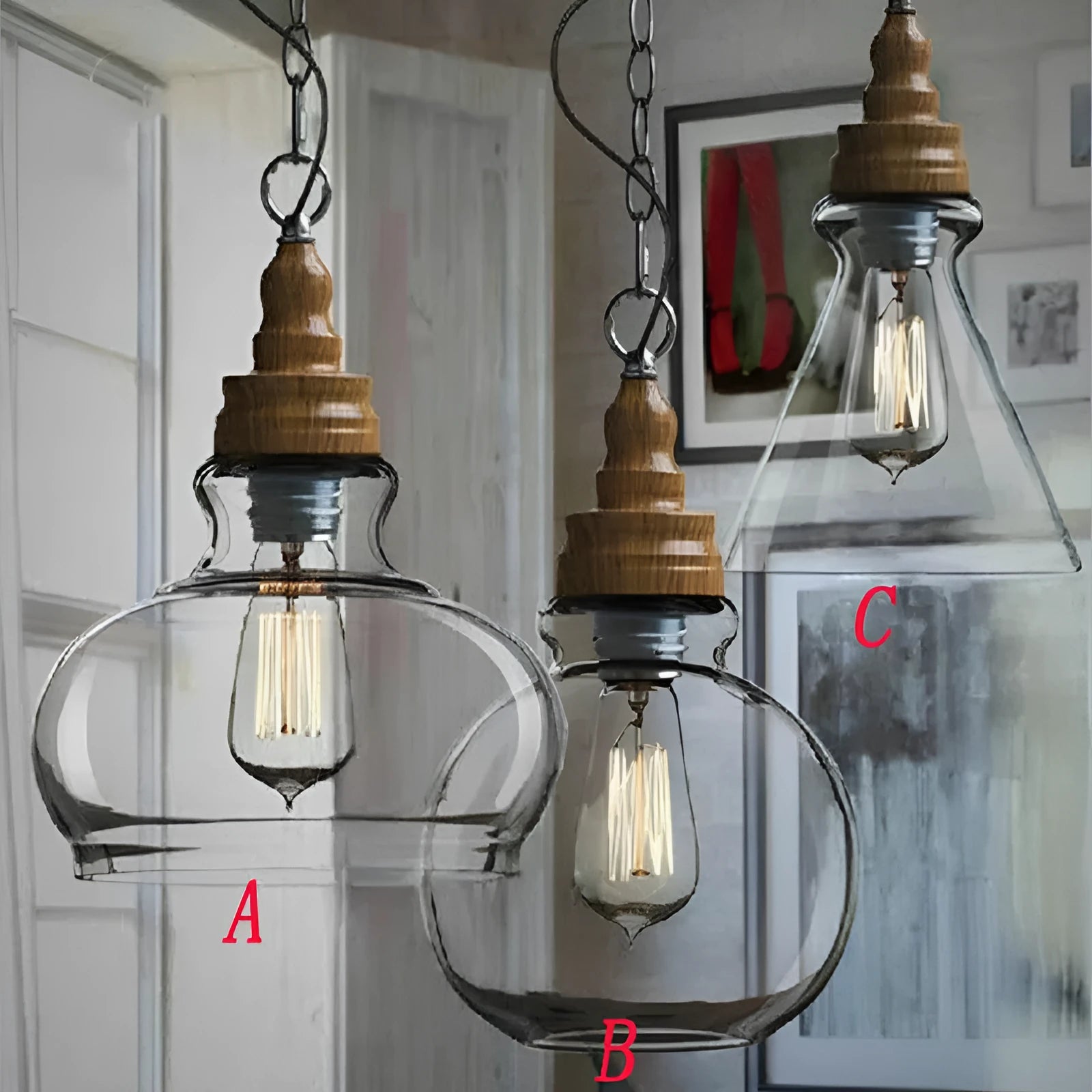 Glass wood grain single head pendant light hanging on an adjustable cord.