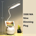 Clip-on LED rechargeable desk lamp with pen holder on a wooden desk, adjustable brightness for studying