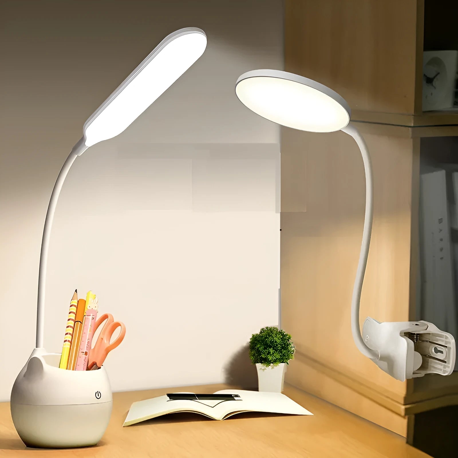 Clip-on LED rechargeable desk lamp with pen holder on a wooden desk, adjustable brightness for studying