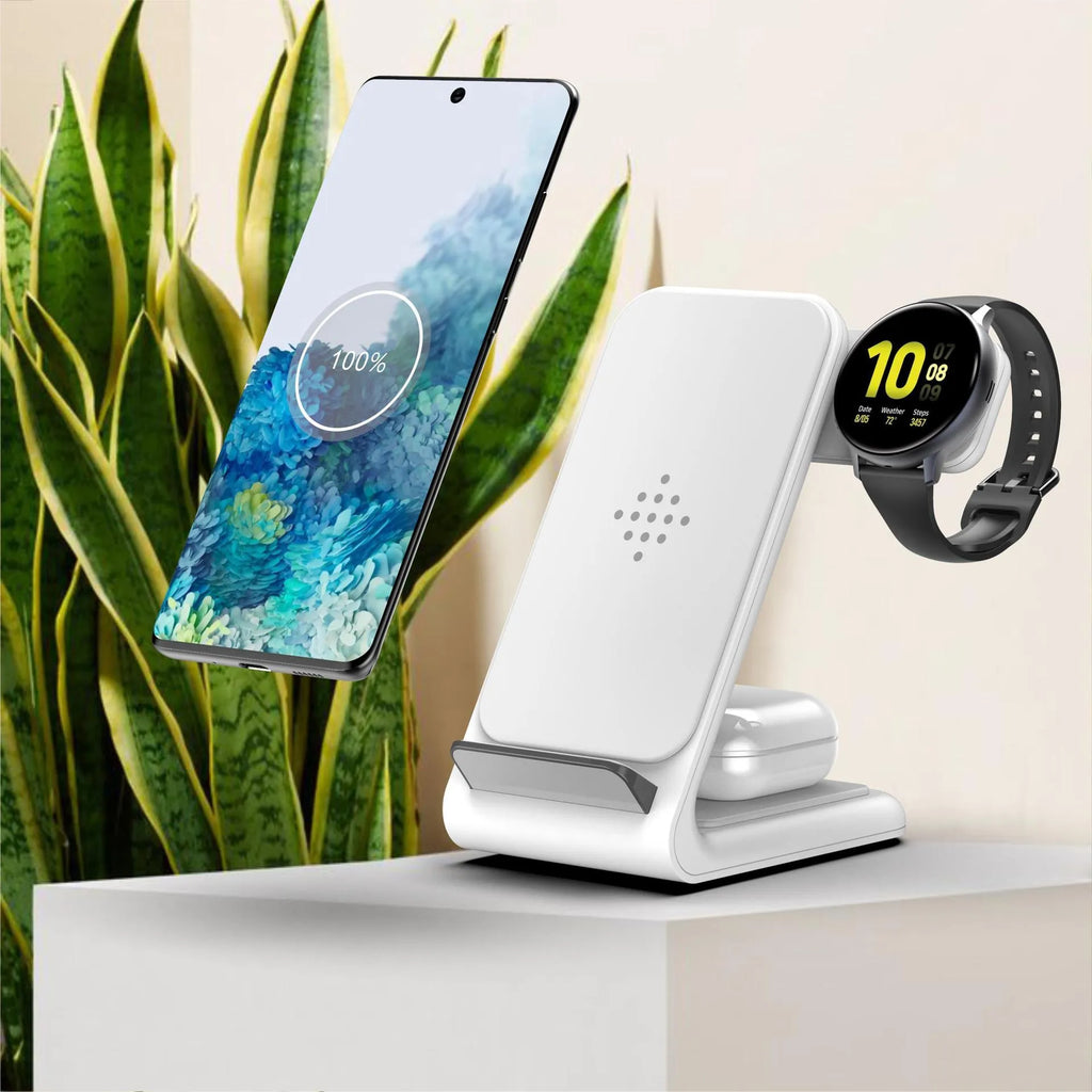 Three-in-one fast wireless charger bracket in black ABS and silicone, holding a phone, smartwatch, and TWS earbuds