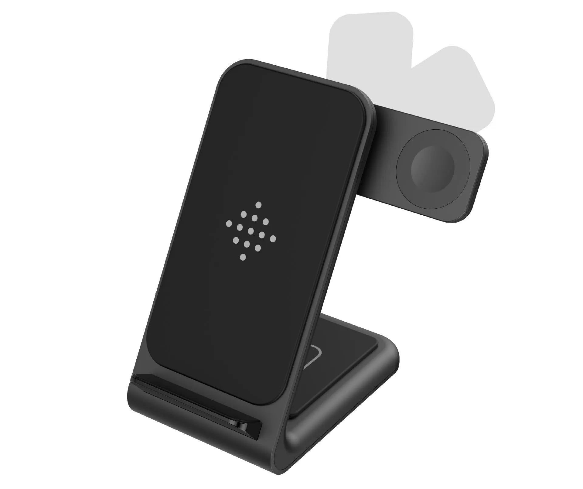Three-in-one fast wireless charger bracket in black ABS and silicone, holding a phone, smartwatch, and TWS earbuds