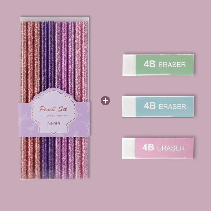 NEVER NE1501501 mixed colour HB pencil set in display box with purple glitter and pale pink pencils