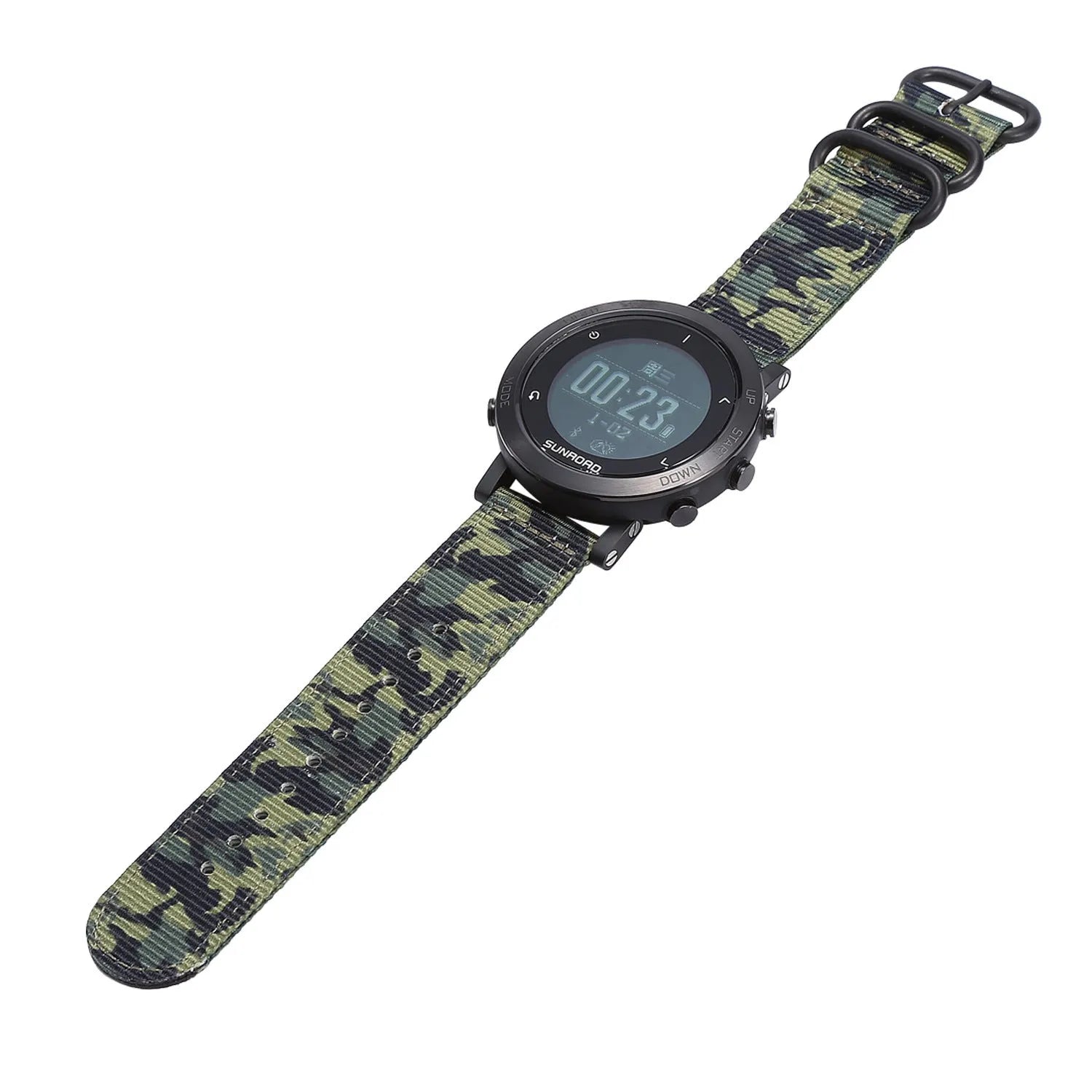 Smart sports watch with digital display showing heart rate and GPS data, featuring a stainless steel bezel.