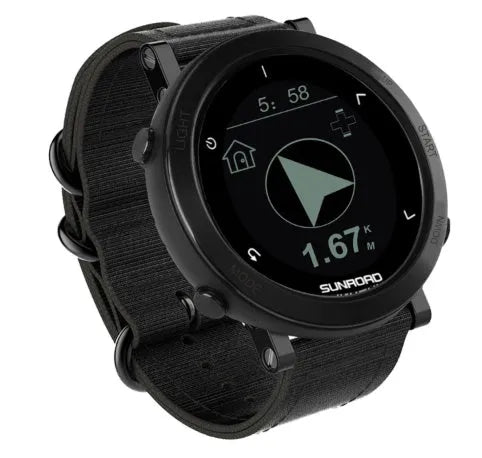 Smart sports watch with digital display showing heart rate and GPS data, featuring a stainless steel bezel.