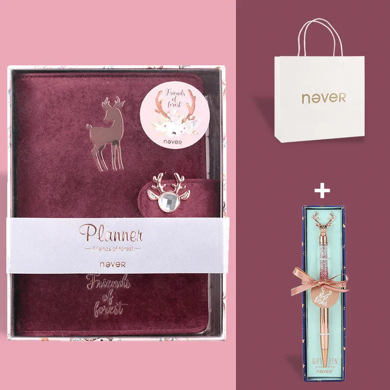 A6 loose-leaf notebook with cloth velvet cover, cute heart design, binder binding rings, elk blue colour