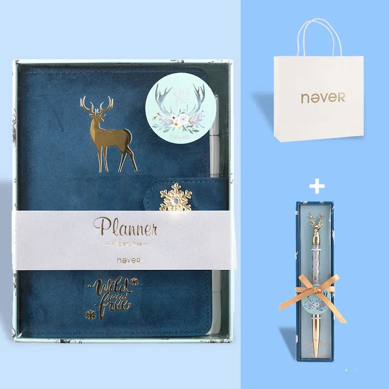 A6 loose-leaf notebook with cloth velvet cover, cute heart design, binder binding rings, elk blue colour