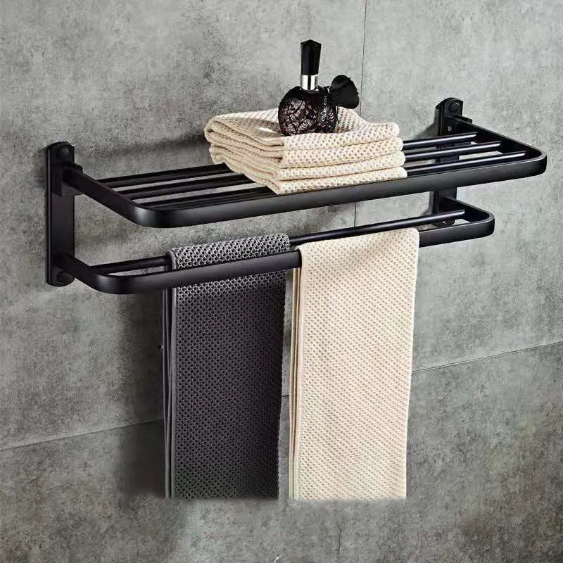 Perforated aluminium double-layer folding towel rack in light luxury style, 40cm width with hook