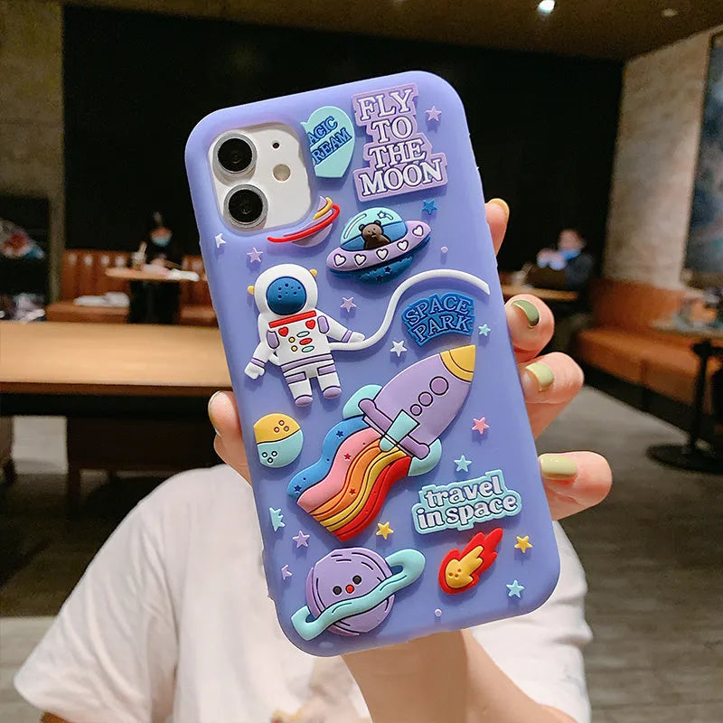 Purple silicone gel mobile phone case with spaceman astronaut cartoon design for iPhone