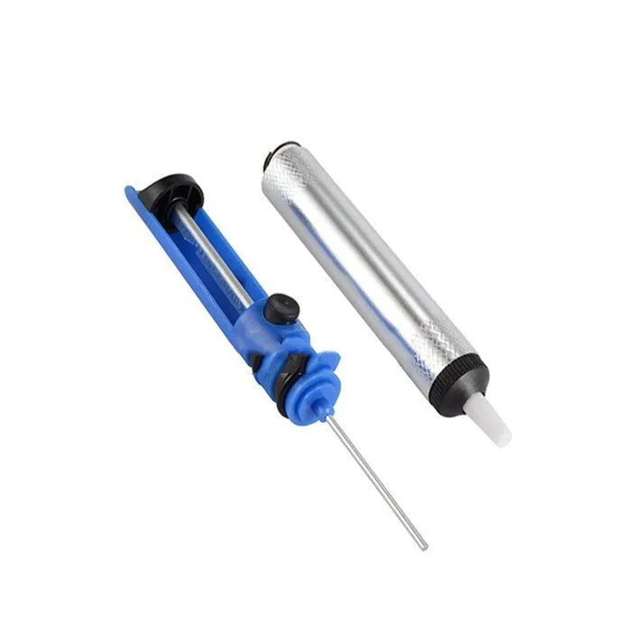 GS-107 manual solder suction gun in silver, a long desoldering pump for removing solder from circuit boards.