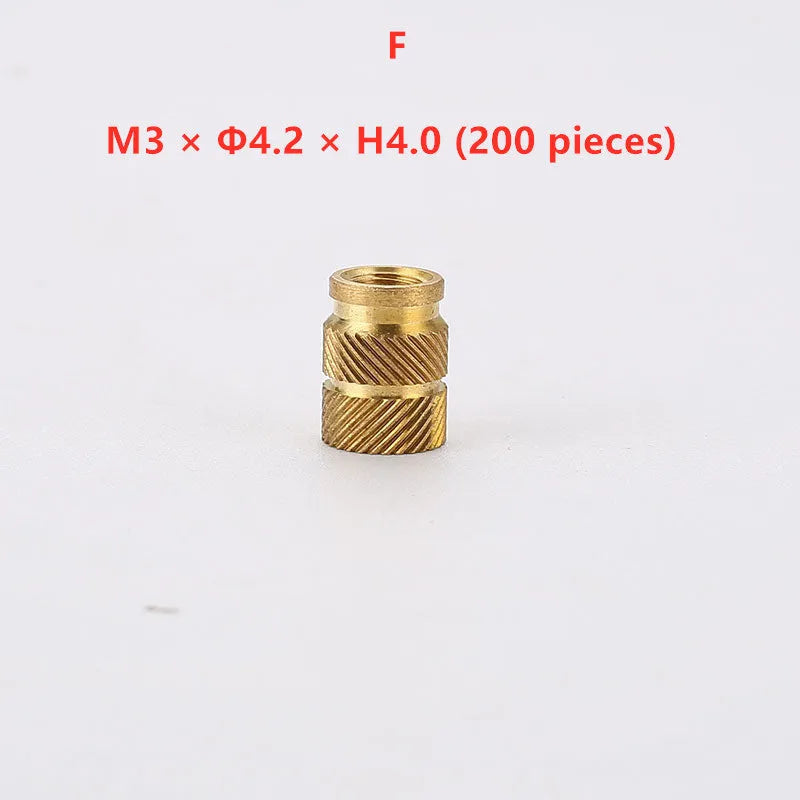 Brass hot melt copper nuts with M2 and M3 thread, outer diameters 3.8mm to 4.2mm, heights 3.0mm to 6.0mm