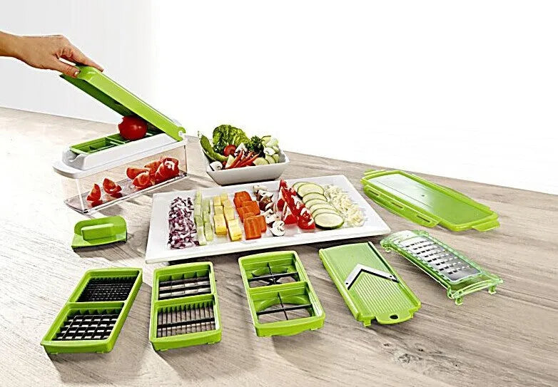 12-piece green hand operated vegetable chopper set with multiple graters and blades on a white background