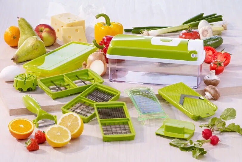 12-piece green hand operated vegetable chopper set with multiple graters and blades on a white background