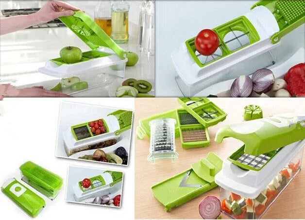 12-piece green hand operated vegetable chopper set with multiple graters and blades on a white background