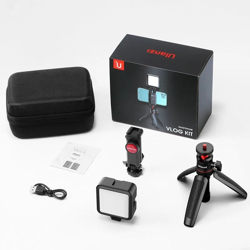Combo 8 white and black mobile phone vlog bracket set with fill light on a stand