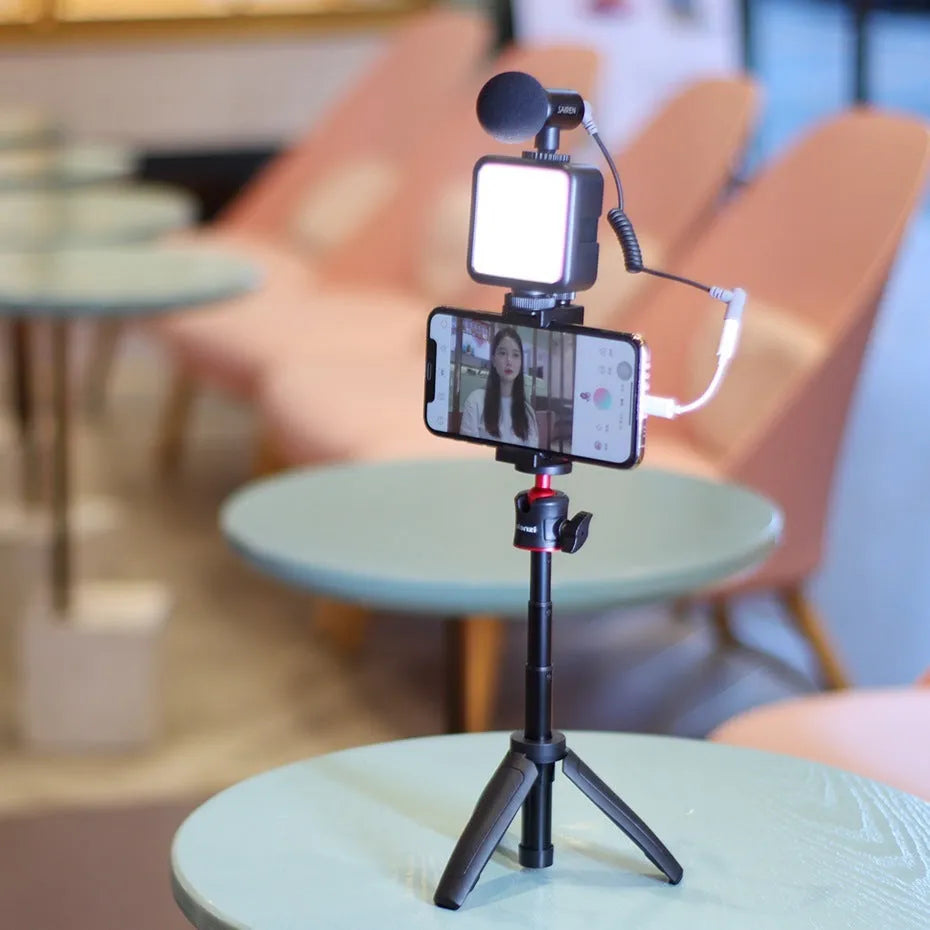 Combo 8 white and black mobile phone vlog bracket set with fill light on a stand