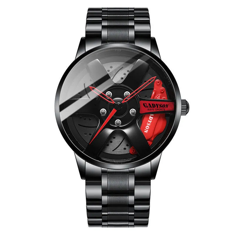 Men's quartz watch with alloy mesh strap, hollow-out wheel design, 40mm dial, and single folding buckle