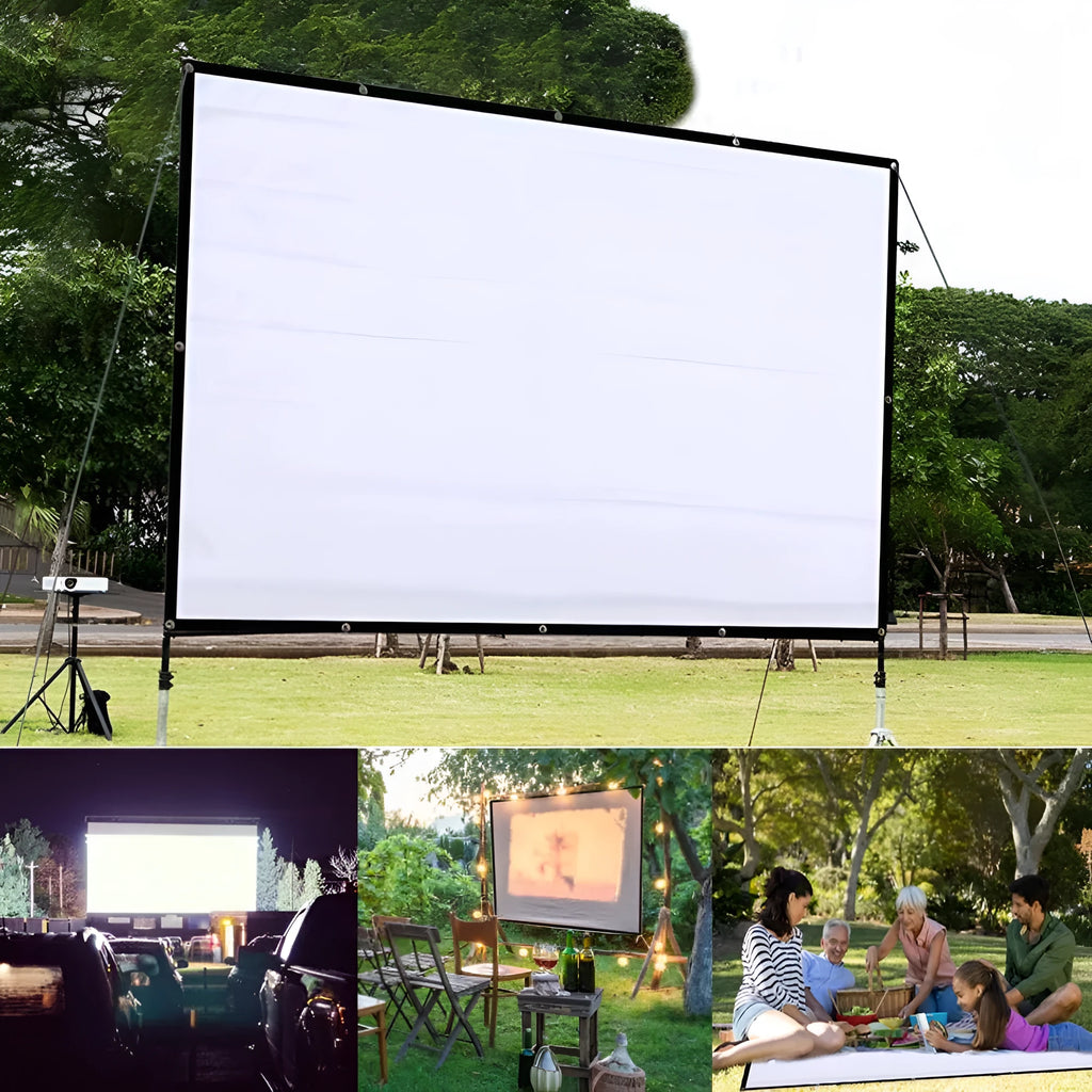 White 150-inch 4:3 polyester simple soft projector screen shown folded for storage