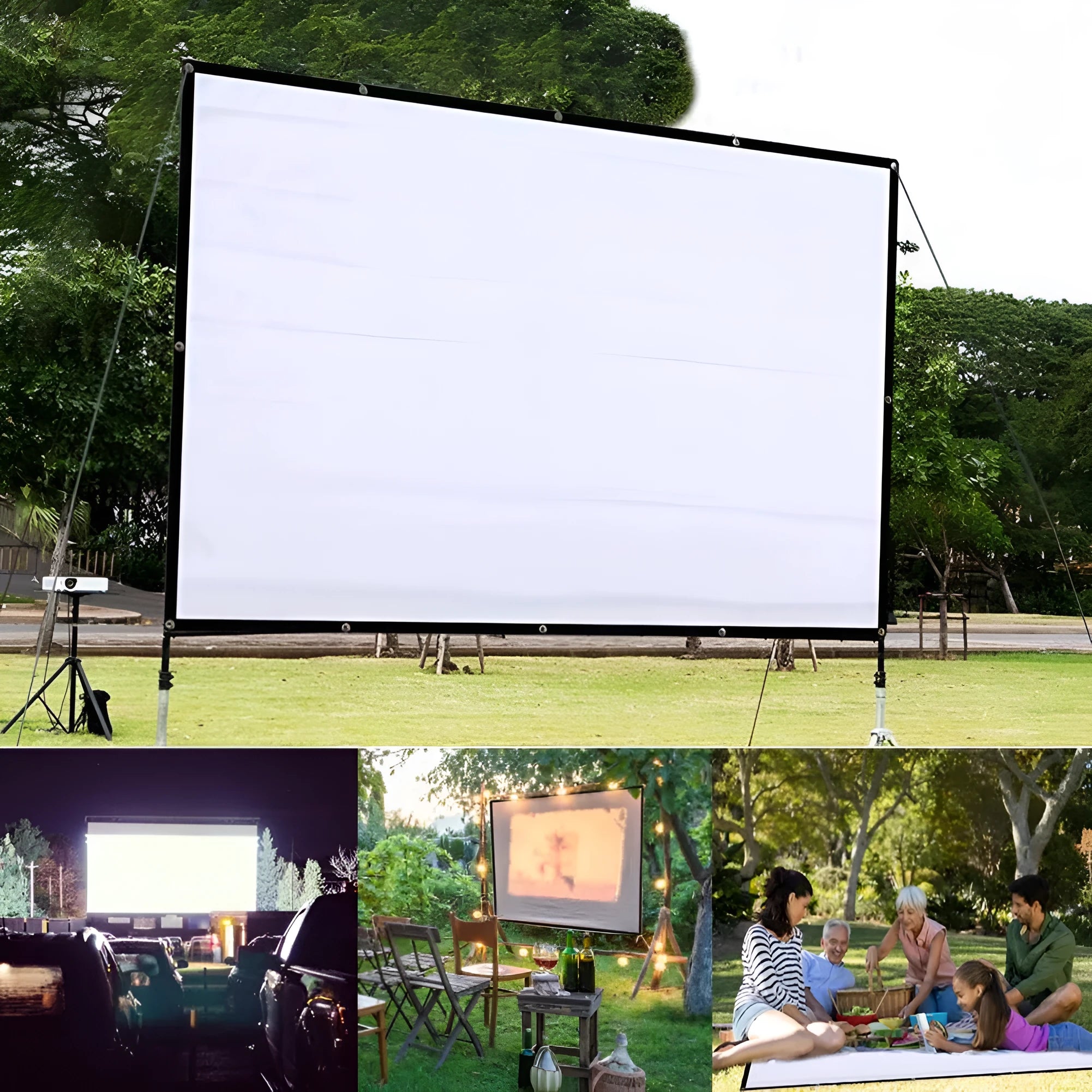 White 150-inch 4:3 polyester simple soft projector screen shown folded for storage