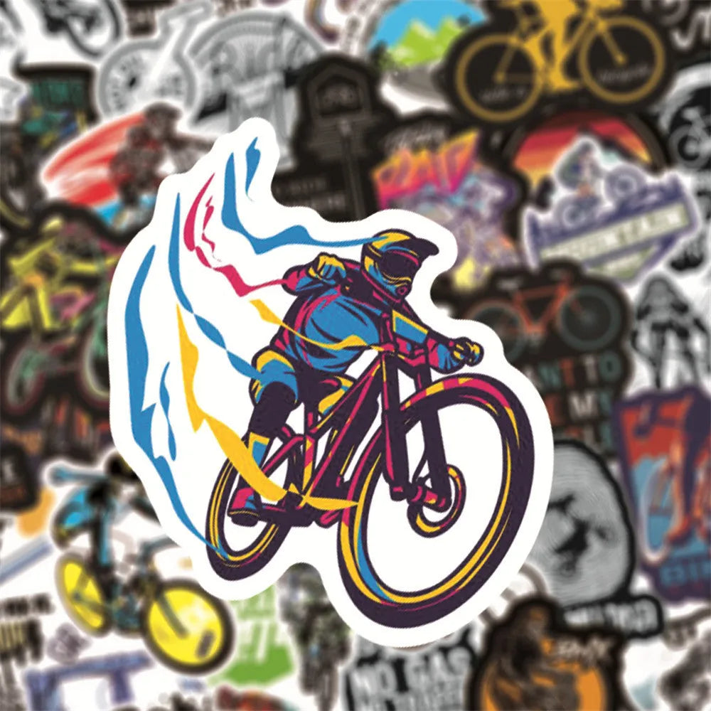 Pack of 50 mountain bike and cross-country themed bicycle doodle stickers for decorating notebooks and gear.
