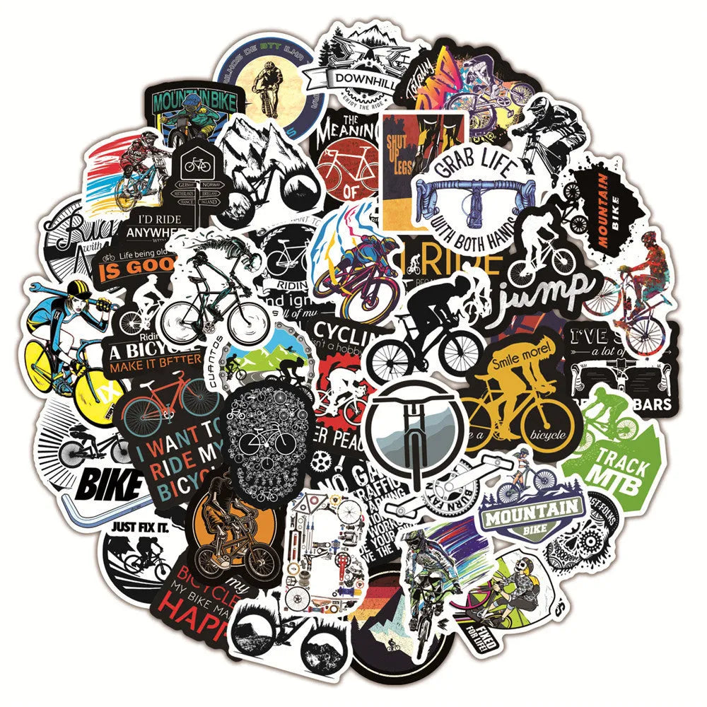 Pack of 50 mountain bike and cross-country themed bicycle doodle stickers for decorating notebooks and gear.