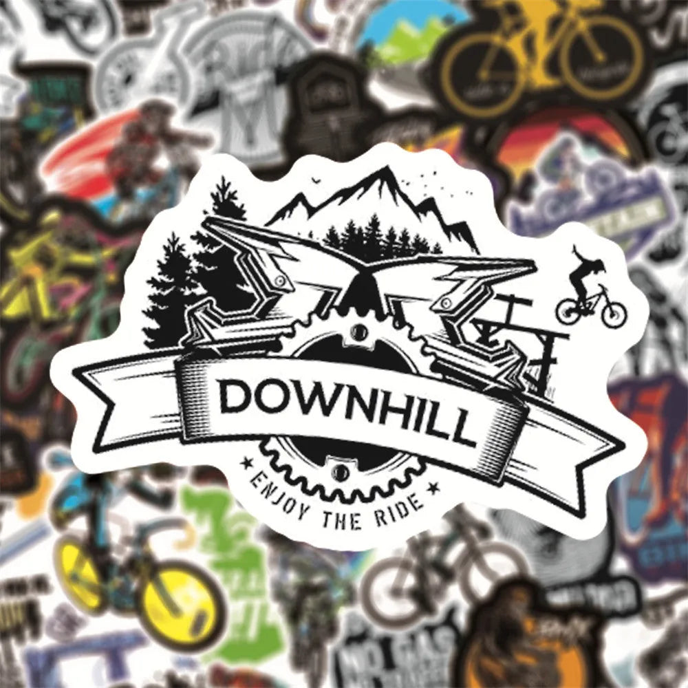 Pack of 50 mountain bike and cross-country themed bicycle doodle stickers for decorating notebooks and gear.