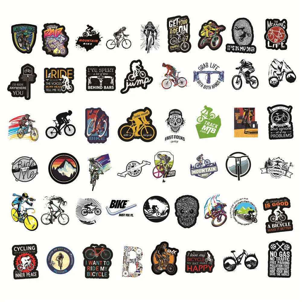 Pack of 50 mountain bike and cross-country themed bicycle doodle stickers for decorating notebooks and gear.