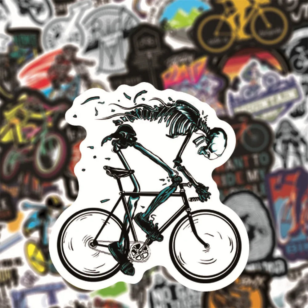 Pack of 50 mountain bike and cross-country themed bicycle doodle stickers for decorating notebooks and gear.