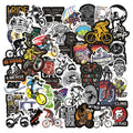 Pack of 50 mountain bike and cross-country themed bicycle doodle stickers for decorating notebooks and gear.