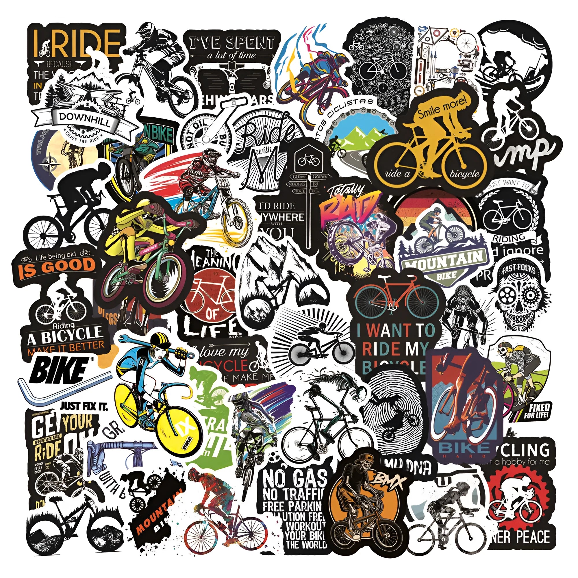Pack of 50 mountain bike and cross-country themed bicycle doodle stickers for decorating notebooks and gear.