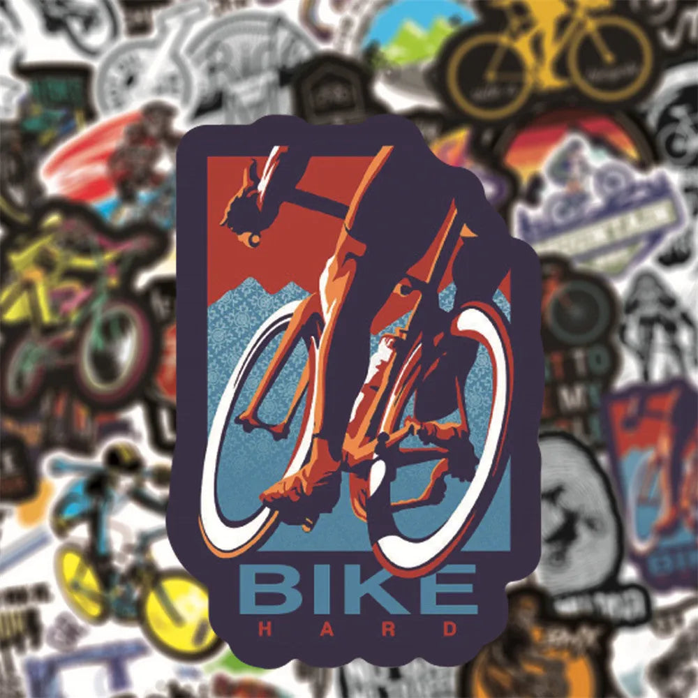 Pack of 50 mountain bike and cross-country themed bicycle doodle stickers for decorating notebooks and gear.