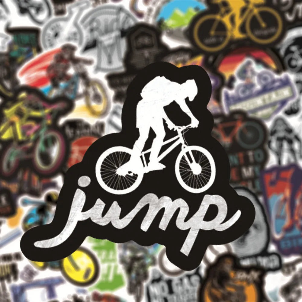 Pack of 50 mountain bike and cross-country themed bicycle doodle stickers for decorating notebooks and gear.
