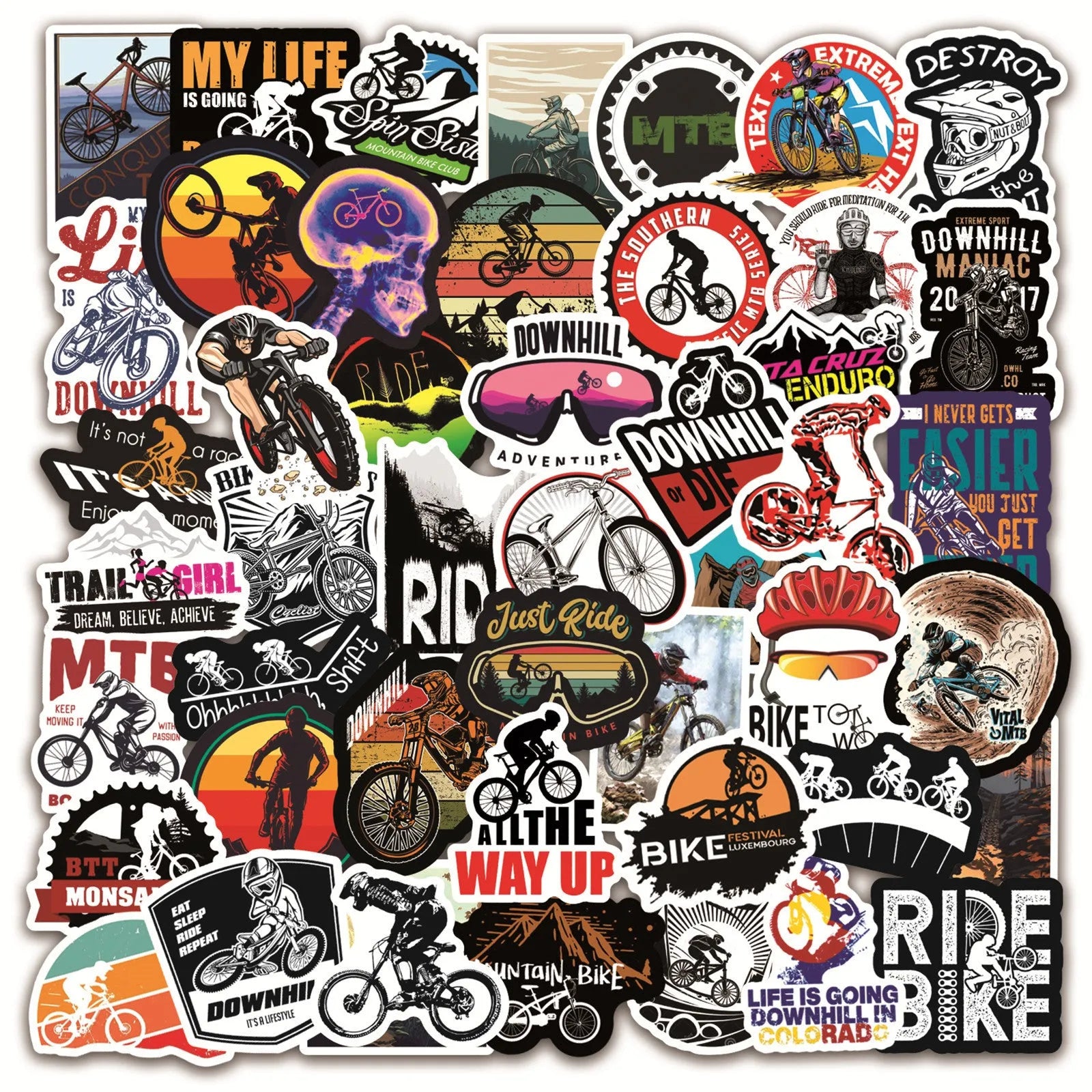 Pack of 50 mountain bike and cross-country themed bicycle doodle stickers for decorating notebooks and gear.