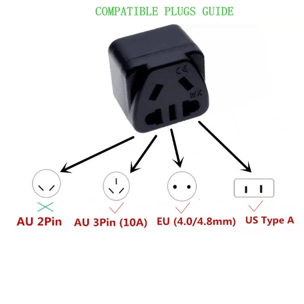 Square white three-pin universal plug adapter rated for 110-250V and 13A.