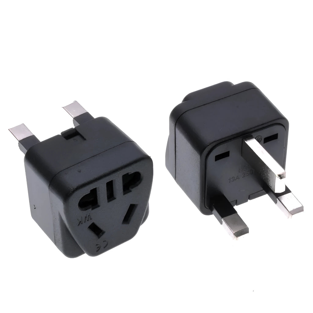 Square white three-pin universal plug adapter rated for 110-250V and 13A.