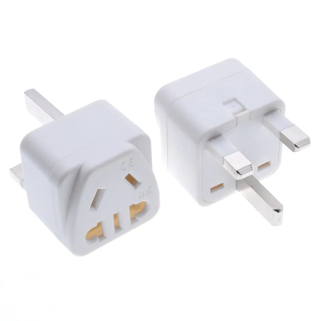 Square white three-pin universal plug adapter rated for 110-250V and 13A.