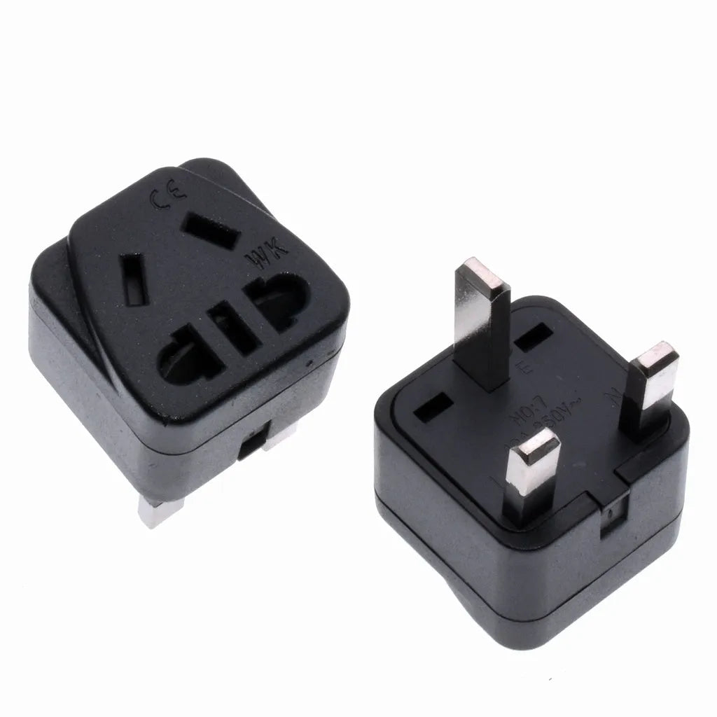 Square white three-pin universal plug adapter rated for 110-250V and 13A.